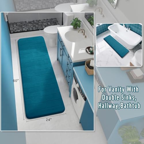 Yimobra Bathroom Runner 60"x24", Non Slip Memory Foam Bath Mat, Super Soft Water Absorbent Hallway Carpet, Machine Washable Rug for Vanity Tub Shower, Peacock Blue