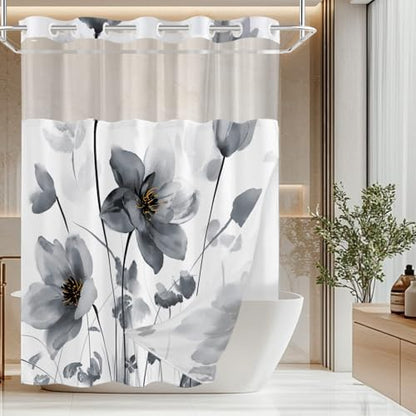 No Hook Shower Curtain and Liner Set, Black Boho Floral 71x77
