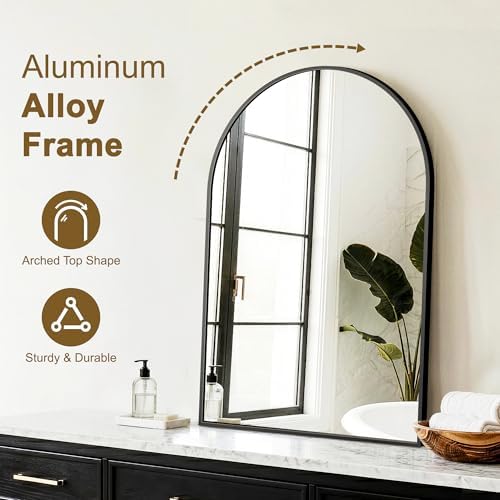 FGU Arched Bathroom Mirror for Over Sink 30"x20" Black Vanity Mirror