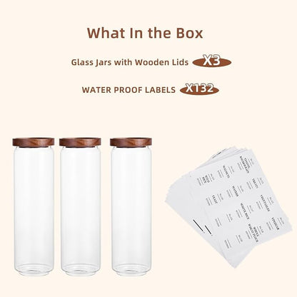 Tzerotone Glass Pantry Storage Jars with Acacia Airtight Lid, 50 OZ Kitchen Canisters with Wood Lid and 132 Pantry Labels, Food Storage Containers Set of 3