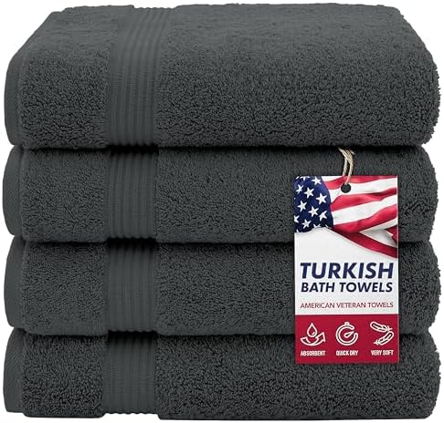 American Veteran Towel, 100% Cotton Turkish Bath Towels for Bathroom 4 Pack, 27x54 Extra Large Premium Soft Drying Bathroom Towels, Dark Gray