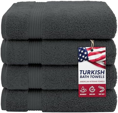 American Veteran Towel, 100% Cotton Turkish Bath Towels for Bathroom 4 Pack, 27x54 Extra Large Premium Soft Drying Bathroom Towels, Dark Gray