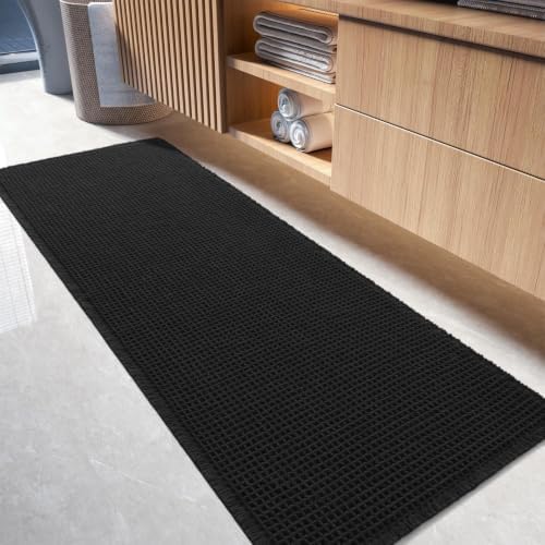 tchdio Waffle Bath Mat-Runner Rug, Super Absorbent Non Slip Bath Mats for Bathroom Machine Washable Long Rugs with Tassels, Bath Rugs for Bathroom Floor Beside Tub, 2' x 5'(24" x 60"), Black