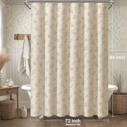 Blue Floral Farmhouse Vintage Linen Shower Curtain French Country 72Wx84H