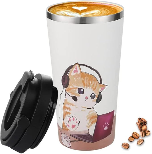 Funkrin Coffee Travel Mug with Flip Lid, 16oz Insulated Tumbler Cup with Ceramic Coating, Double Wall Vacuum Leak-Proof Tumbler for Office School Party Camping