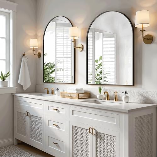 Arched Bathroom Mirror for Wall, 30" x 20" Metal Frame Vanity Mirror, Black