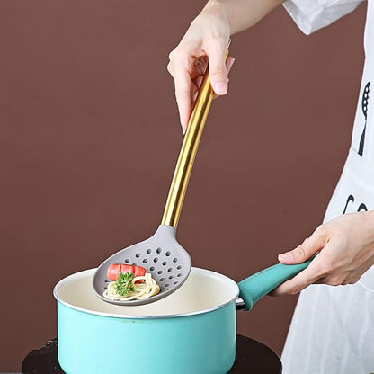 Gold Skimmer, Berglander Non-stick Silicone Strainer With Titanium Gold Plating handle, Kitchen Cooking Skimmers For Non-Stick Cookware, Dishwasher Safe, Easy to Clean
