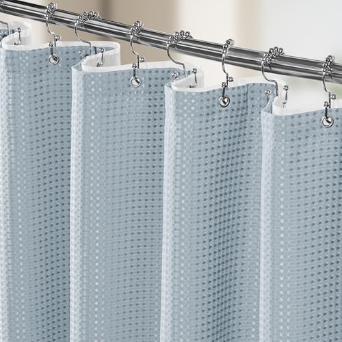 Vipfree 3 in 1 Shower Curtain Set, Waffle Shower Curtain and Liner Set with 12 Double Sided Shower Curtain Hooks, 258GSM Luxury Weighted Cloth Shower Curtains for Bathroom, 72 W x 72 H, Fog Blue