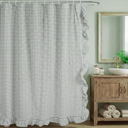 HunnmingRe Ruffled Gingham Shower Curtain Sage Green