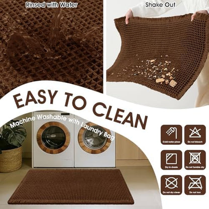 Waffle Bath Mat, Boho Woven Modern Bath Rug Absorbent Non Slip, Ultra Soft Bathroom Mats, Machine Washable Knit Bath Rugs with Herringbones for Bathroom, Bedroom, Kitchen, Shower, Tub, 36"x24", Brown