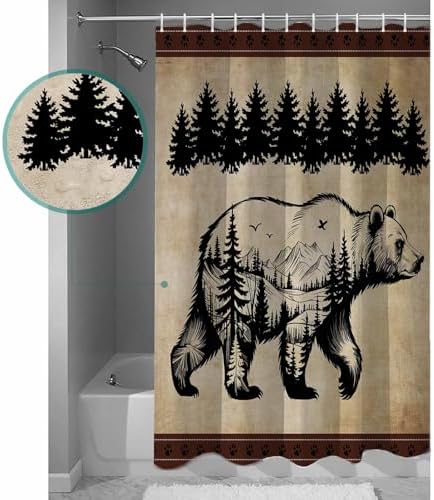 Shower Curtain Bathroom Set Bear Forest Mountains Animal Silhouette Waterproof Shower Curtains with Grommets Hooks Vintage Brown Gradient Privacy Bath Curtain for Bathtub Decor 36x72in