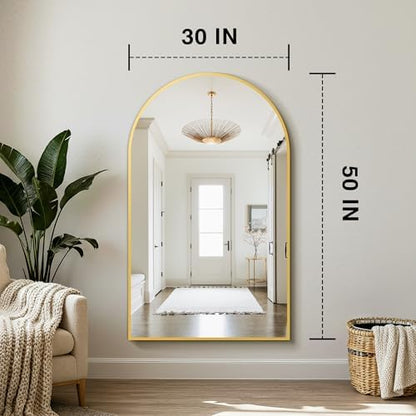 Arched Bathroom Mirror for Wall, 50" x 30" Metal Frame Vanity Mirror, Gold