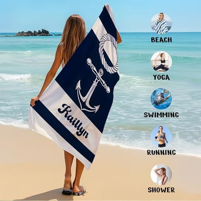 JML Custom Anchor Beach Towel with Name, Microfiber, 30 x 60 in