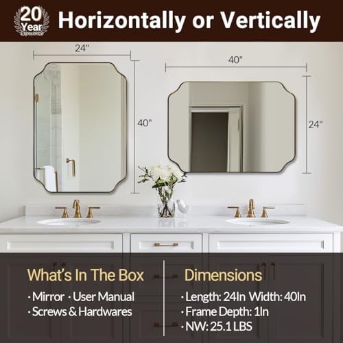 ANDY STAR 24"x40" Gold Mirror, Brushed Brass Scalloped Wall Mirror, Unique Rectangle Mirror, Bathroom Vanity Mirror in Anti-Rust Stainless Steel Metal Frame 1’’ Deep, Hangs Vertically/Horizontally