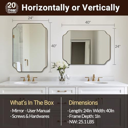 ANDY STAR 24"x40" Gold Mirror, Brushed Brass Scalloped Wall Mirror, Unique Rectangle Mirror, Bathroom Vanity Mirror in Anti-Rust Stainless Steel Metal Frame 1’’ Deep, Hangs Vertically/Horizontally