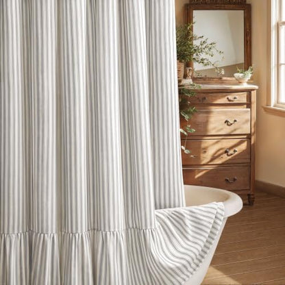 Farmhouse Shower Curtain Ruffle Linen Cream-Grey Stripe 72"W x 96"L