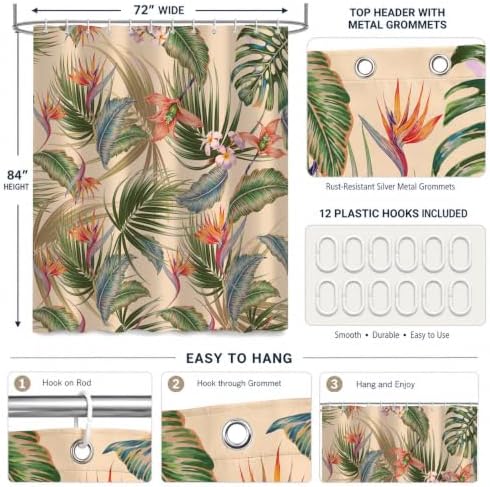Tropical Shower Curtain, Colourful Leaves Floral Palm Leaf Hawaiian Botanical Plant Bathroom Decor, Waterproof Cloth Fabric Bath Curtain with Hooks 72 x 84 inch