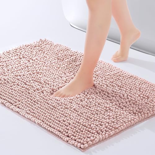 FRESHMINT Large Chenille Bathroom Rugs Mat 36”x24”, Non-Slip Bath Mat for Bathroom Floor & Bathtub, Washable Shower Shag Bath Rugs, Soft Fluffy Thick Water Absorbent Microfiber Shower Mat, Dusty Pink