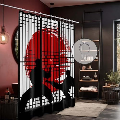Japanese Shower Curtain Japan Anime Asian Black and Red Shower Curtains for Mens Bathroom Decor Sets, Waterproof Cloth Fabric with Hooks, 72x84 Inch