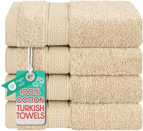 American Soft Linen Salem Washcloth Sets, 4 Piece Luxury 600 GSM 100% Cotton Washcloths for Bathroom, 13x13 inches Washrags Premium Quality Hand Face Towels, Beige