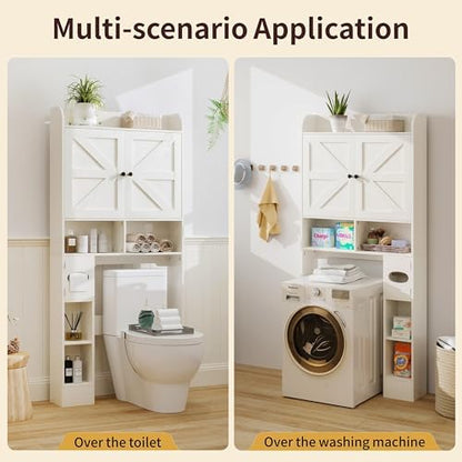 Vipbear Over The Toilet Storage Cabinet, 32.3” W Farmhouse Bathroom Storage Cabinet Above Toilet with Toilet Paper Holder and Barn Doors, Freestanding Restroom Organizer Space Saving Rack, White