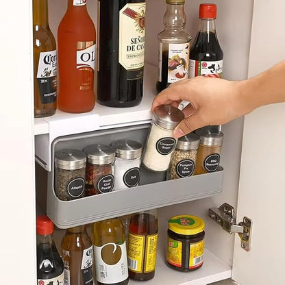 SpiceSpace Organizer Set – Under-Shelf Mounted Rack with 6 Glass Spice Jars & 18 Preprinted Labels – Minimalist Space-Saving Spice Rack for Pantry, Cabinet, or Kitchen Shelf