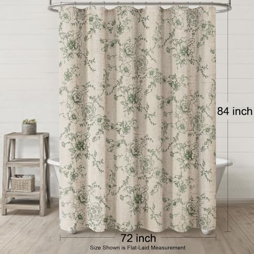 Farmhouse Floral Vintage Shower Curtain for Bathroom, Green and Tan Taupe