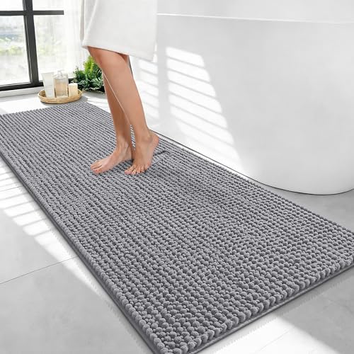 OLANLY Thick Chenille Bathroom Runner Rugs 47x24, Absorbent Bath Mat, Grey