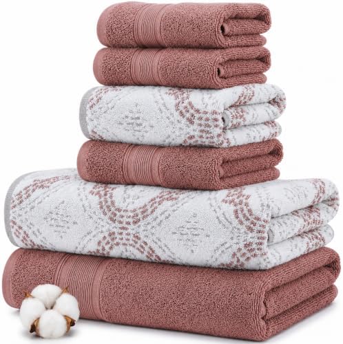 Modern Threads Capri 6-Piece Reversible Yarn Dyed Jacquard Towel Set - Bath Towels, Hand Towels, & Washcloths - Super Absorbent & Quick Dry - 100% Combed Cotton, Rosewood