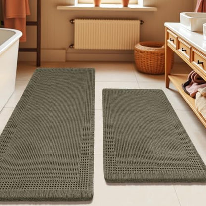Upgrade Waffle Bath Mat Set 2 Piece, Greyish Green, Boho Bathroom Rugs Absorbent Non Slip, Ultra Soft Bathroom Mat, Machine Washable Knit Bath Rugs with Border for Bathroom, Kitchen, Shower, Tub