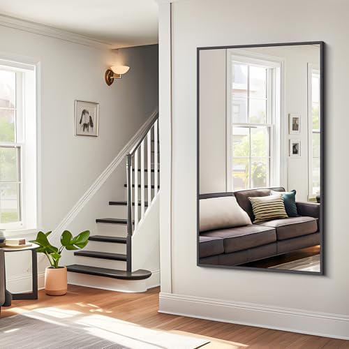 BONEWEI Bathroom Mirror, 30x55 inch Wall Mirror for Bathroom Wall Mounted Black Rectangle Square Corner Mirrors, Black Bathroom Mirror for Living Room, Farmhouse, Bedroom Entryway, Horizontal/Vertical