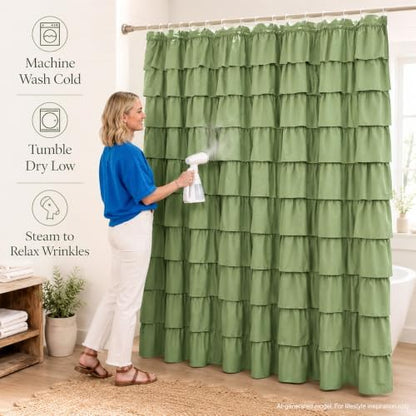 Sage Green Ruffle Shower Curtain for Bathroom, 72x84 inch, 1 Panel