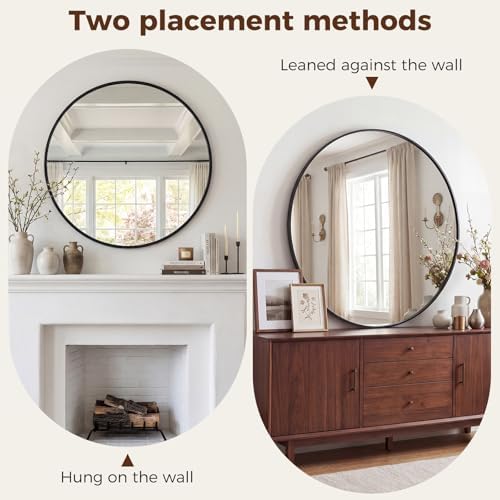 NEWBULIG 30 Inch Round Wall Mirror, Bathroom Mirrors for Over Sink, Matte Metal Framed Circle Vanity Mirror, Wall Decor for Bedroom, Anti-Rust, Tempered Glass, Hanging or Leaning, Classic Black
