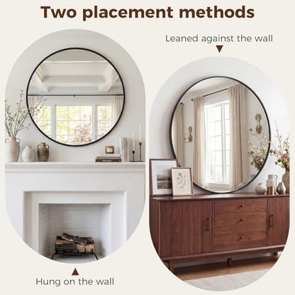 NEWBULIG 30 Inch Round Wall Mirror, Bathroom Mirrors for Over Sink, Matte Metal Framed Circle Vanity Mirror, Wall Decor for Bedroom, Anti-Rust, Tempered Glass, Hanging or Leaning, Classic Black