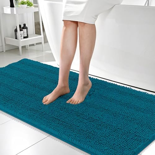 OLANLY Thick Bathroom Runner Rugs 59x24, Chenille Bath Rugs, Peacock Blue