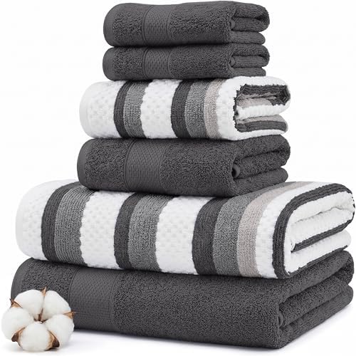 Modern Threads 6 Piece Bath Towel Set – Bathroom Towel Set with 2 Bath Towels, 2 Hand Towels & 2 Washcloths – 100% Cotton, Soft & Absorbent – Wide Stripe (Gray)