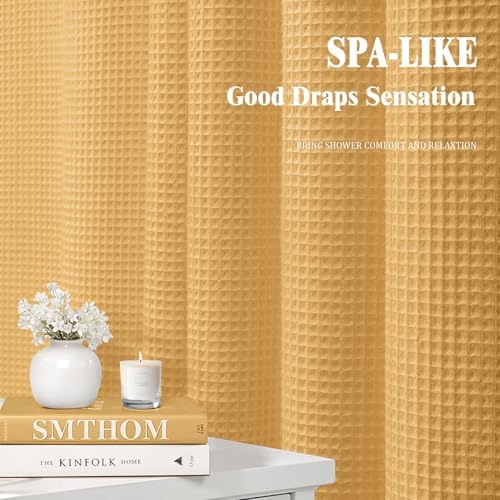 Waffle Weave Shower Curtain Heavyweight Cotton Fabric Gold 72Wx72L