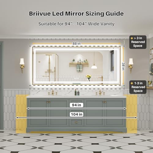 88x38 Inch LED Bathroom Mirror with Gold Frame, Backlit & Front Lit