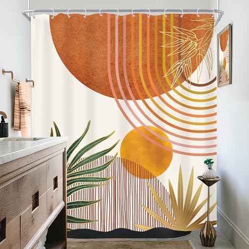 Mid Century Orange Boho Abstract Modern S Bathroom Shower Curtain Set