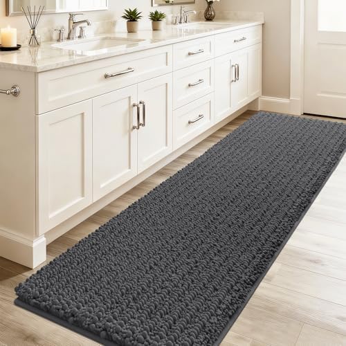 ACCUMTEK Upgrade Luxury Grey Bathroom Rug Mat Gray 48"x17", Ultra Soft Thick Absorbent Bath Mats, Non Slip Chenille Toilet Mat for Bathroom, Bedroom, Kitchen, Shower, Tub, Charcoal