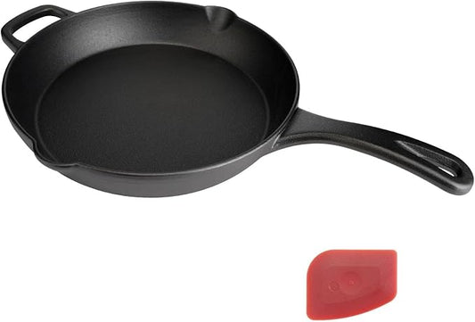 12 Inch Cast Iron Skillet, Pre-Seasoned, Dual Pour Spouts | Pre-seasoned 12" family skillet for steaks & one-pan meals. Serves 3-4. Dual pour spouts. No lid. Induction & oven safe.