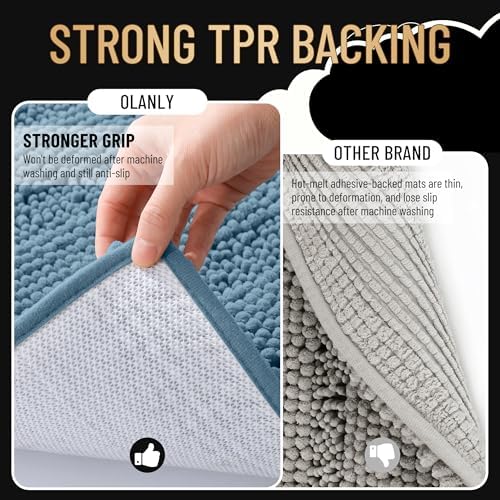 OLANLY Thick Bathroom Runner Rugs 47x20, Soft Chenille Bath Rugs, Airy Blue