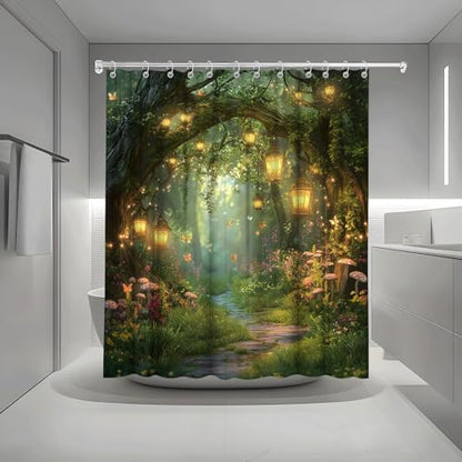 Fantasy Forest Path Shower Curtain Fairy Magical Enchanted Misty Jungle Mushroom Floral Tree Butterfly Lantern Wonderland Plant Bath Curtain Fabric Bathroom Accessories Decor with Hooks 90W x70L
