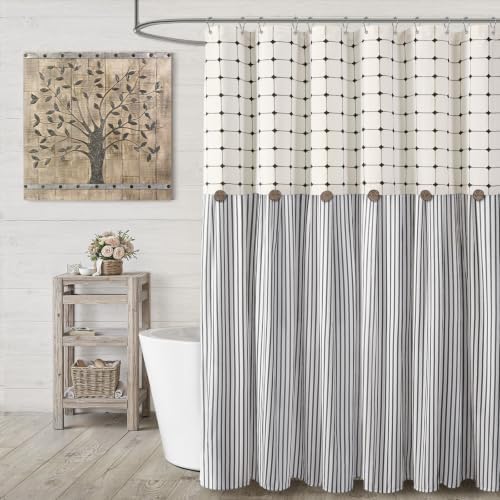 Farmhouse Shower Curtain Button Plaid-Cream-Black Stripe 72"W x 72"L