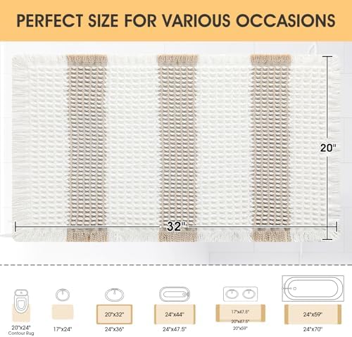 Upgrade Waffle Bath Mat, Boho Bathroom Rugs Absorbent Non Slip, Ultra Soft Bathroom Mat, Machine Washable Knit Bath Rugs with Stripe for Bathroom, Bedroom, Kitchen, Shower,Tub, 32"x20", Beige & White