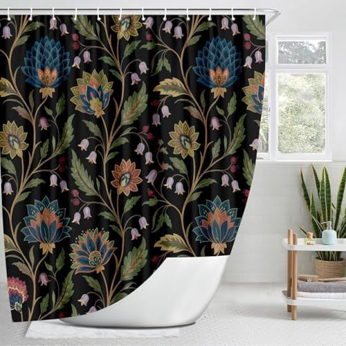 Vintage Floral Shower Curtain for Bathroom, Rustic Farmhouse Black and Teal Sage Green Boho Botanical Shower Curtains, Retro Cottagecore Wildflower Aesthetic Bath Curtain Set with Hooks， 72 x 78 Inch