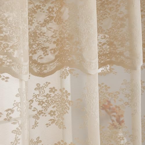TUDECO Extra Long Beige Lace Shower Curtain with Valance, 72 x84 Inch