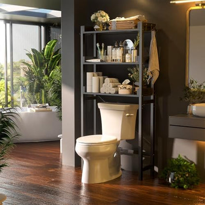 Besiost Over The Toilet Storage Rack - 3 Tier Bathroom Organizer with Shelves, Freestanding Space Saver Storage Rack Above Toilet Stand with 4 Hooks for Restroom, Laundry, Black
