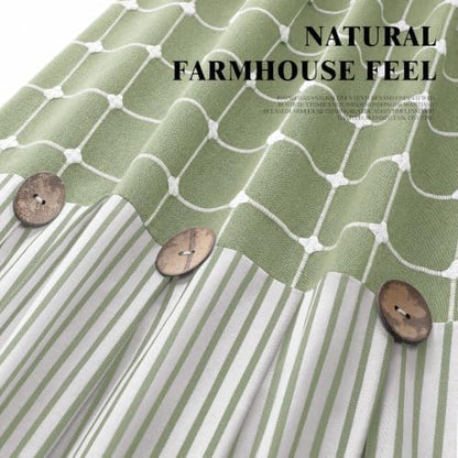 Farmhouse Shower Curtain Button Plaid-Green-Green Stripe 72"W x 72"L
