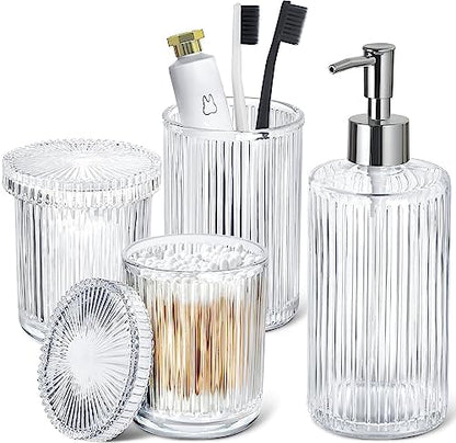 RYTOXILO Bathroom Accessories Set, 4 Pack Clear Glass Bath Accessory Sets Complete, Ribbed Soap Dispenser and Toothbrush Holder Set with 2 Qtip Holders, Modern Sliver Bathroom Counter Decor